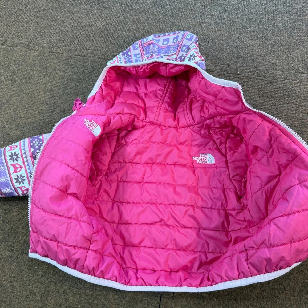 B+ The North Face Kids Purple Pink Fair Isle Fox Bear Puffer Jacket Hooded Coat